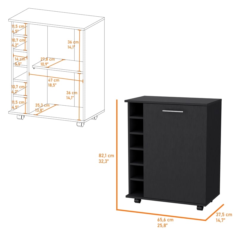 Pemberly Row Rawlins Bar Cart with Bottle Rack in Engineered Wood Black
