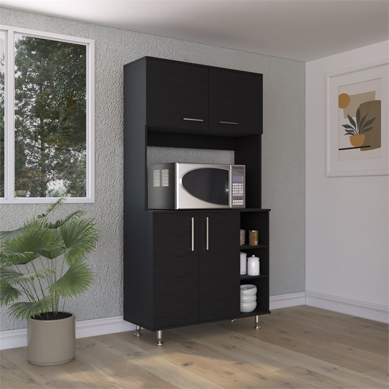 Pemberly Row Modern Colorado Pantry Cabinet with 4 Doors in Black