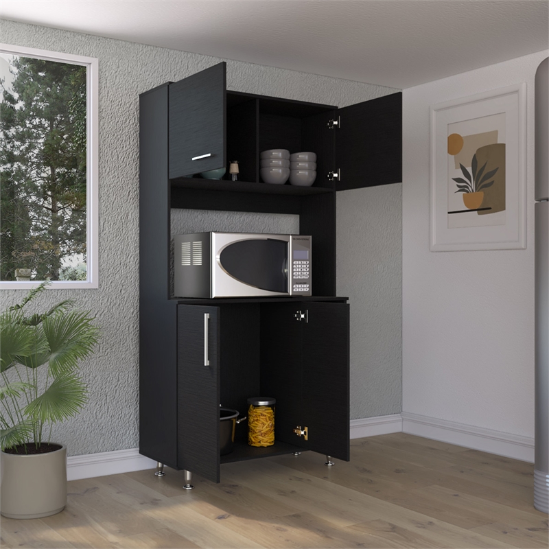 Pemberly Row Modern Colorado Pantry Cabinet with 4 Doors in Black