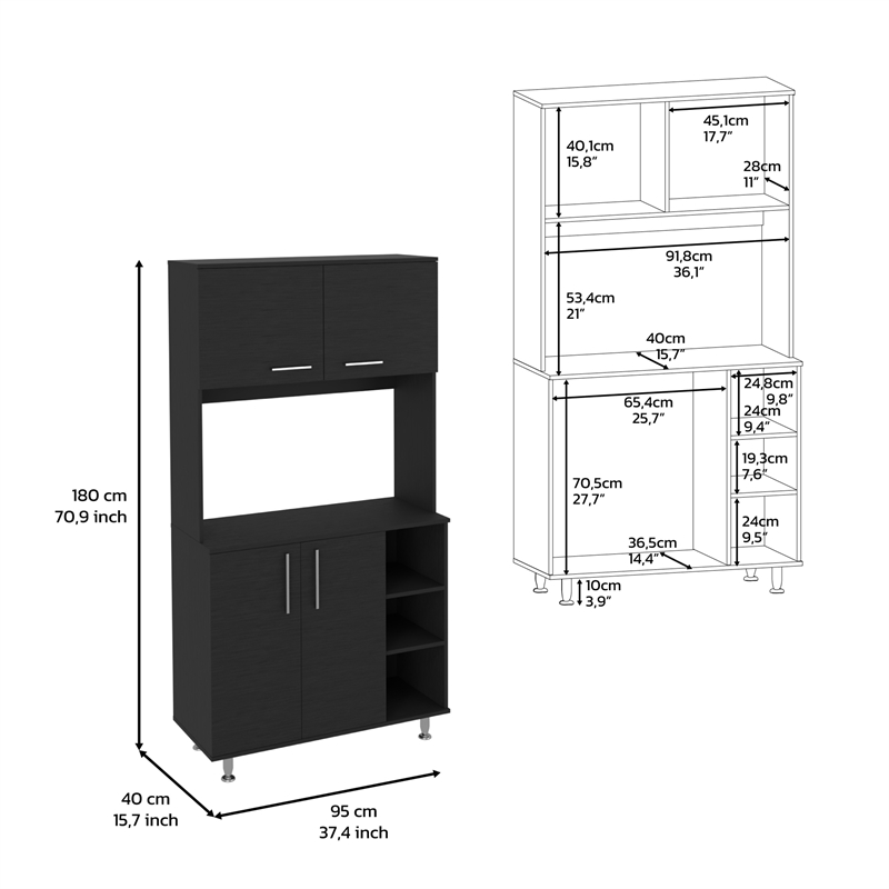 Pemberly Row Modern Colorado Pantry Cabinet with 4 Doors in Black