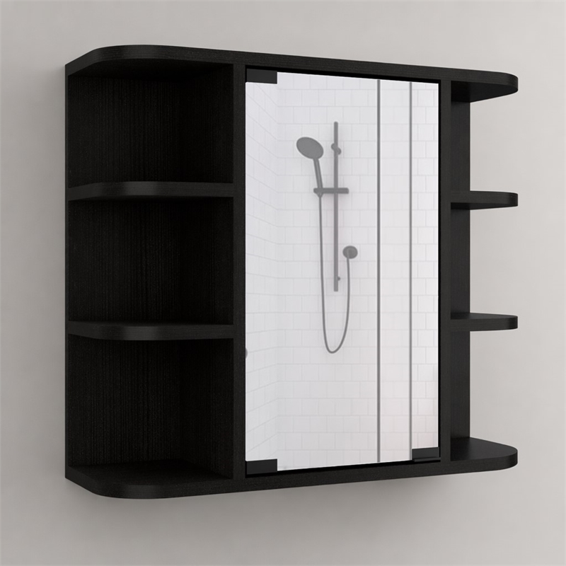 Pemberly Row Valdez Medicine Cabinet with Mirror and Shelves in Black
