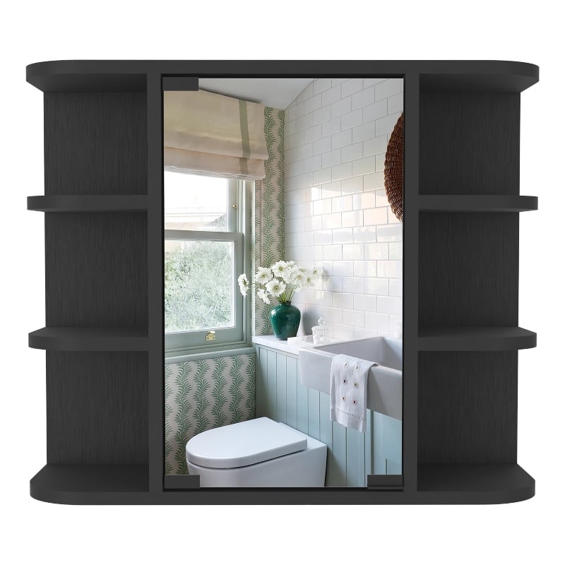 Pemberly Row Valdez Medicine Cabinet with Mirror and Shelves in Black