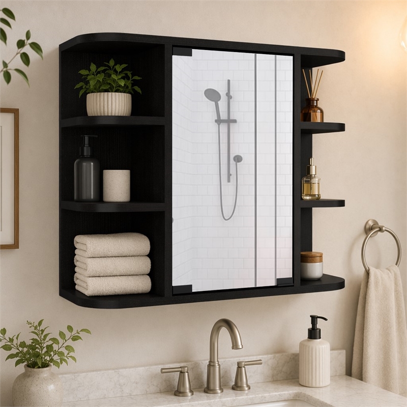 Pemberly Row Valdez Medicine Cabinet with Mirror and Shelves in Black