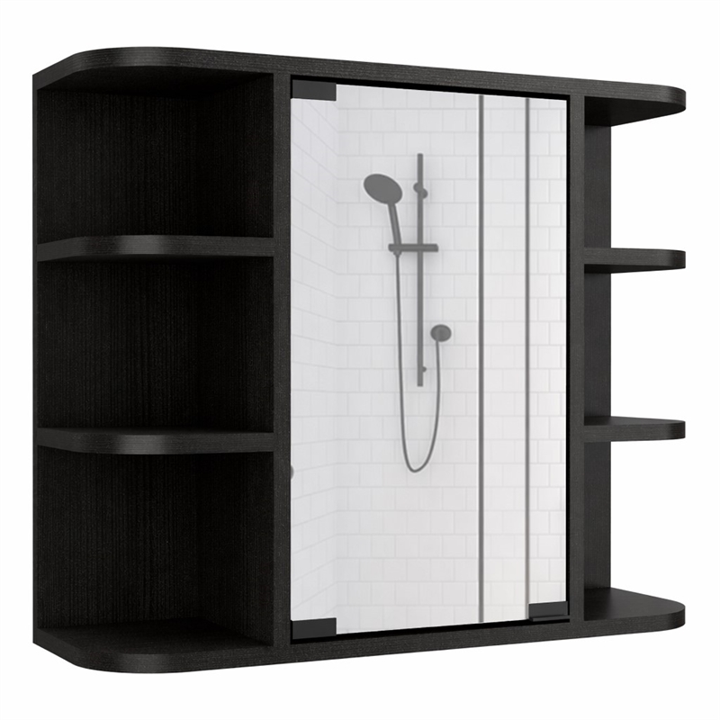 Pemberly Row Valdez Medicine Cabinet with Mirror and Shelves in Black