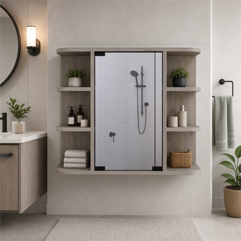 Pemberly Row Valdez Medicine Cabinet with Six Shelves Engineered Wood Gray