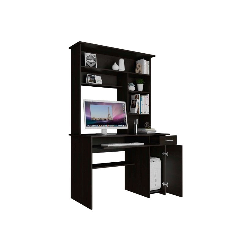 Pemberly Row Weston Computer Desk with Hutch in Engineered Wood Black