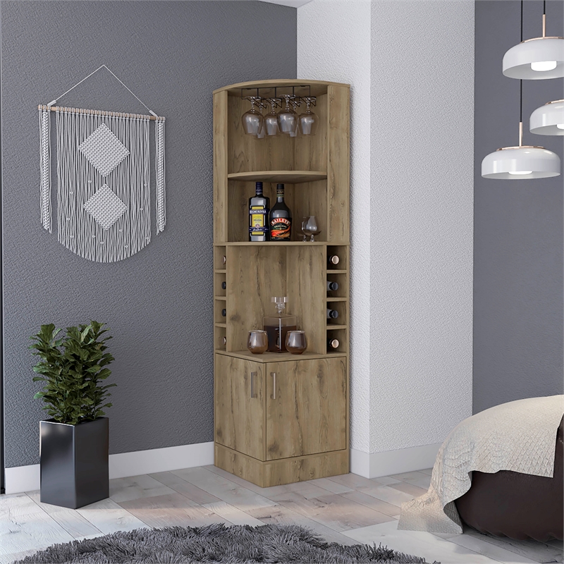 Pemberly Row Seattle Corner Bar Cabinet Macadamia Finish Engineered Wood