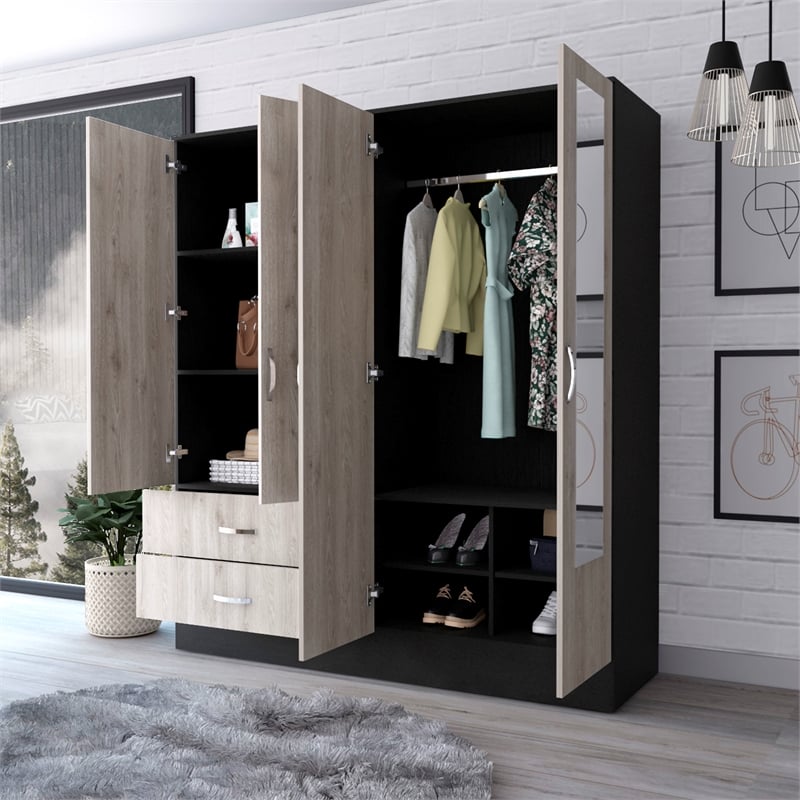 Pemberly Row Florencia Mirrored Black-Light Grey Armoire Engineered Wood