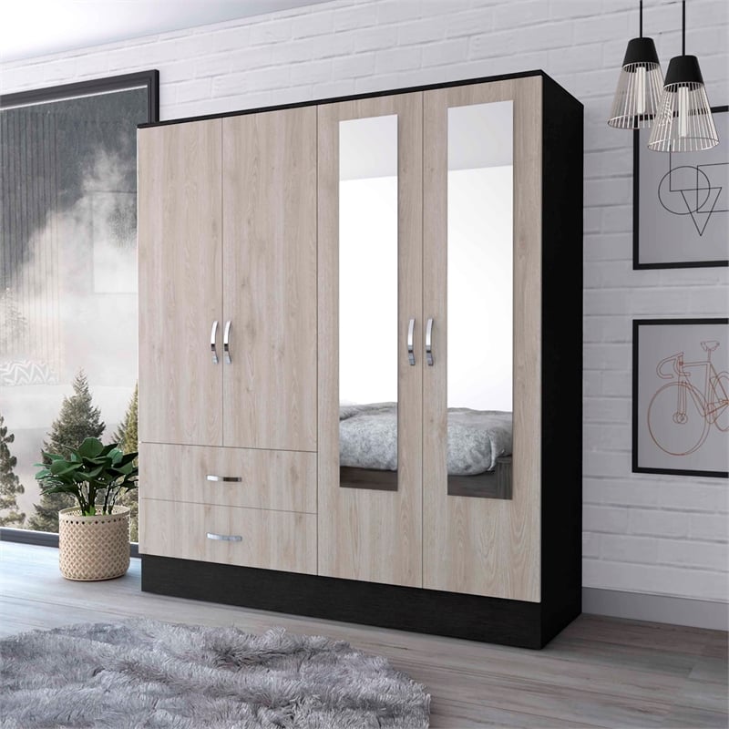 Pemberly Row Florencia Mirrored Black-Light Grey Armoire Engineered Wood