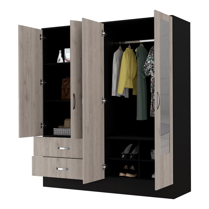 Pemberly Row Florencia Mirrored Black-Light Grey Armoire Engineered Wood