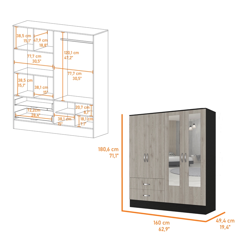 Pemberly Row Florencia Mirrored Black-Light Grey Armoire Engineered Wood