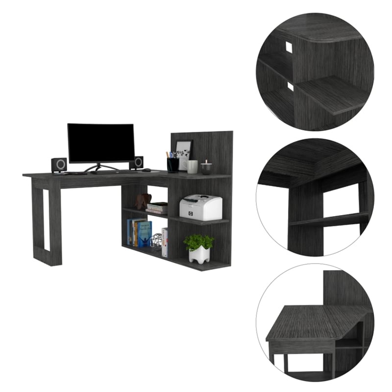 Pemberly Row L-Shaped Desk with Open Shelves in Gray Oak Finish