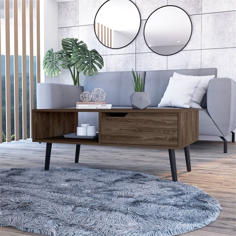 Pemberly Row Coffee Table with Drawer and Shelf in Dark Walnut