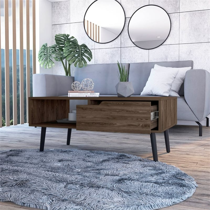Pemberly Row Coffee Table with Drawer and Shelf in Dark Walnut