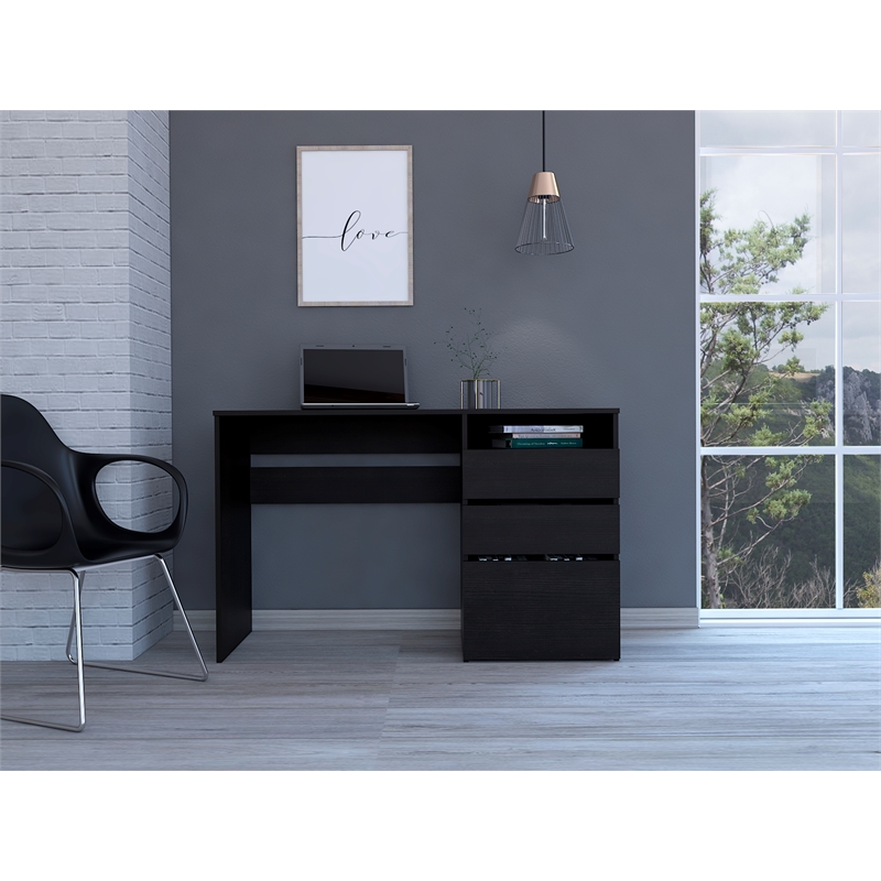 Pemberly Row Engineered Wood Writing Desk with Storage in Black Wenge