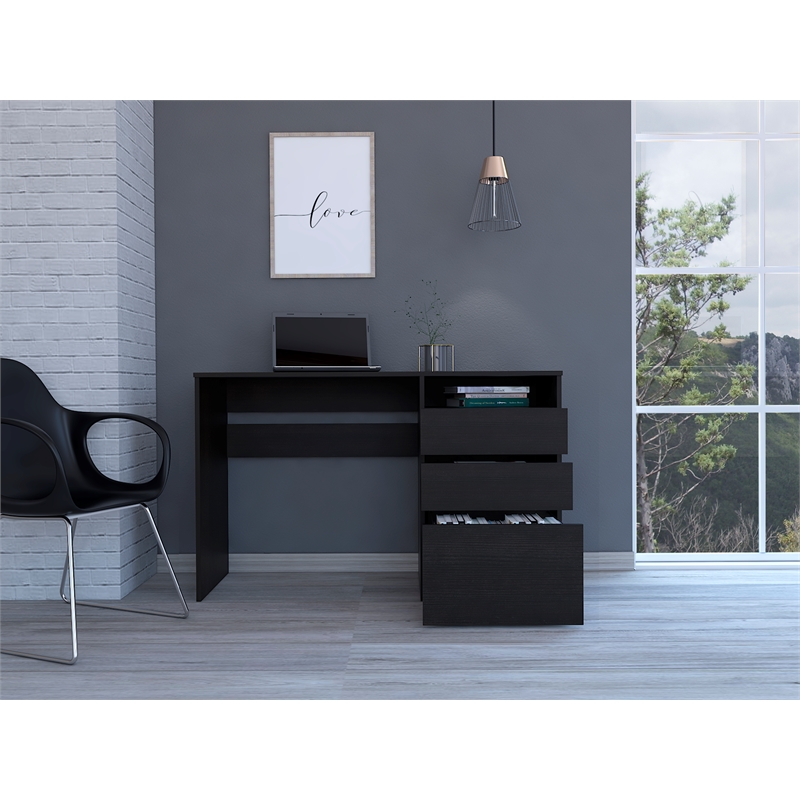 Pemberly Row Engineered Wood Writing Desk with Storage in Black Wenge