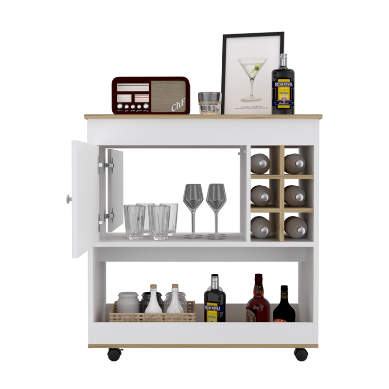 Pemberly Row Modern Engineered Wood Bar Cart in Light Oak-White