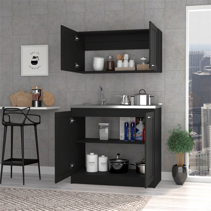 Pemberly Row Black Countertop Cabinet Set with Upper and Lower Storage