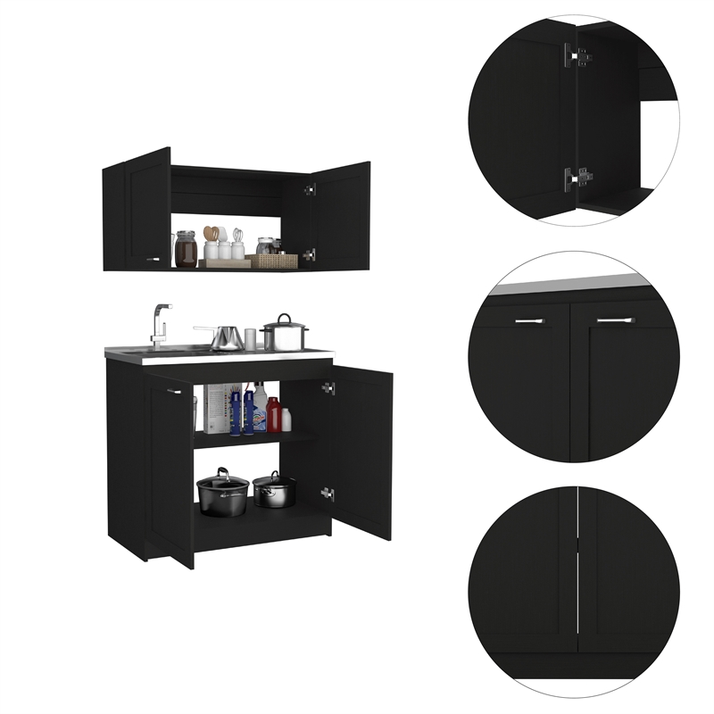 Pemberly Row Black Countertop Cabinet Set with Upper and Lower Storage