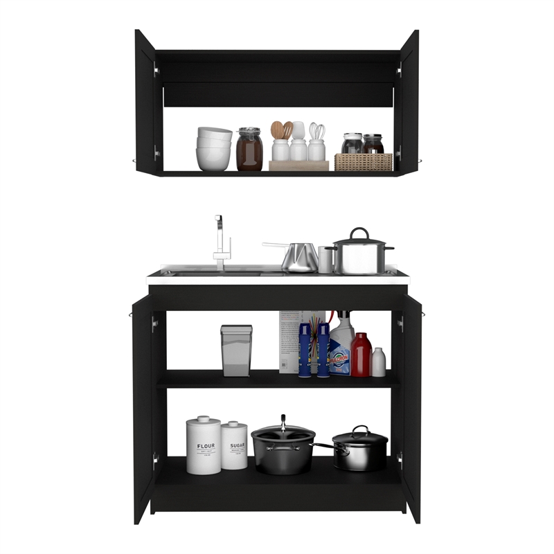 Pemberly Row Black Countertop Cabinet Set with Upper and Lower Storage