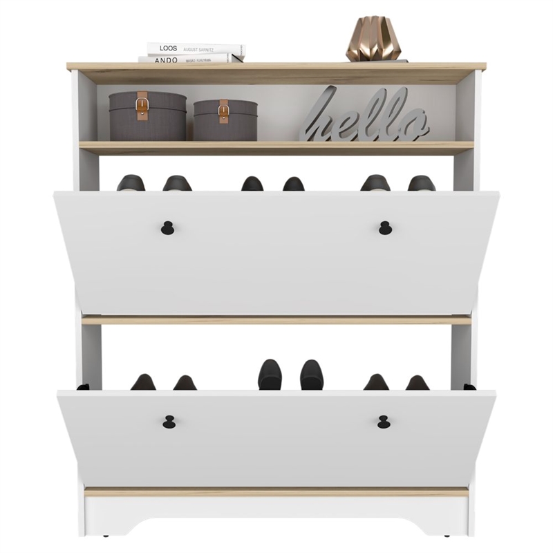 Pemberly Row 2-Shelf Engineered Wood Shoe Rack in Light Oak/White Finish