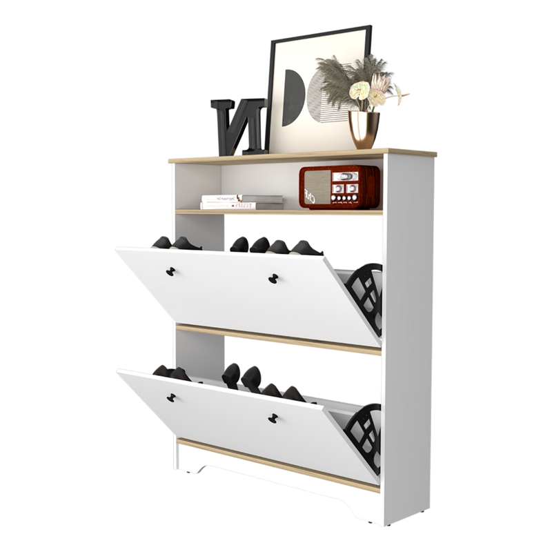 Pemberly Row 2-Shelf Engineered Wood Shoe Rack in Light Oak/White Finish