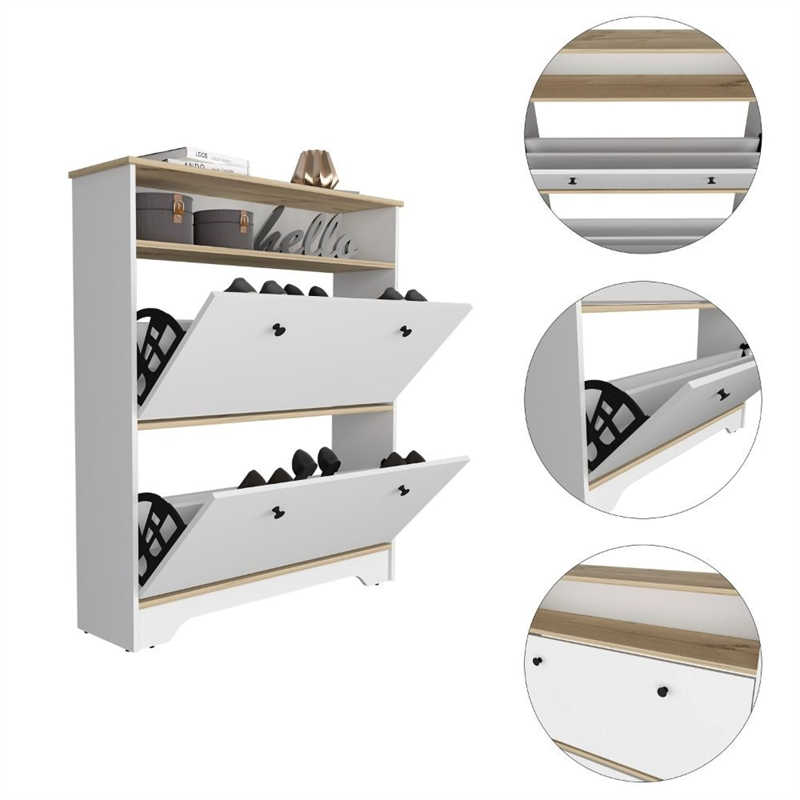 Pemberly Row 2-Shelf Engineered Wood Shoe Rack in Light Oak/White Finish