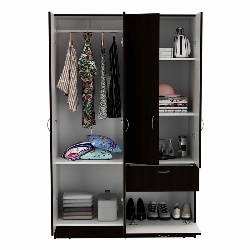 Pemberly Row Modern Wood Bedroom Armoire in White and Black Wenge