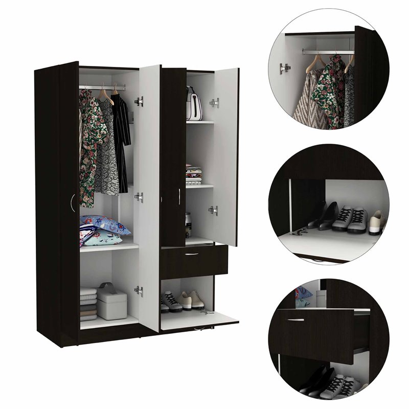 Pemberly Row Modern Wood Bedroom Armoire in White and Black Wenge