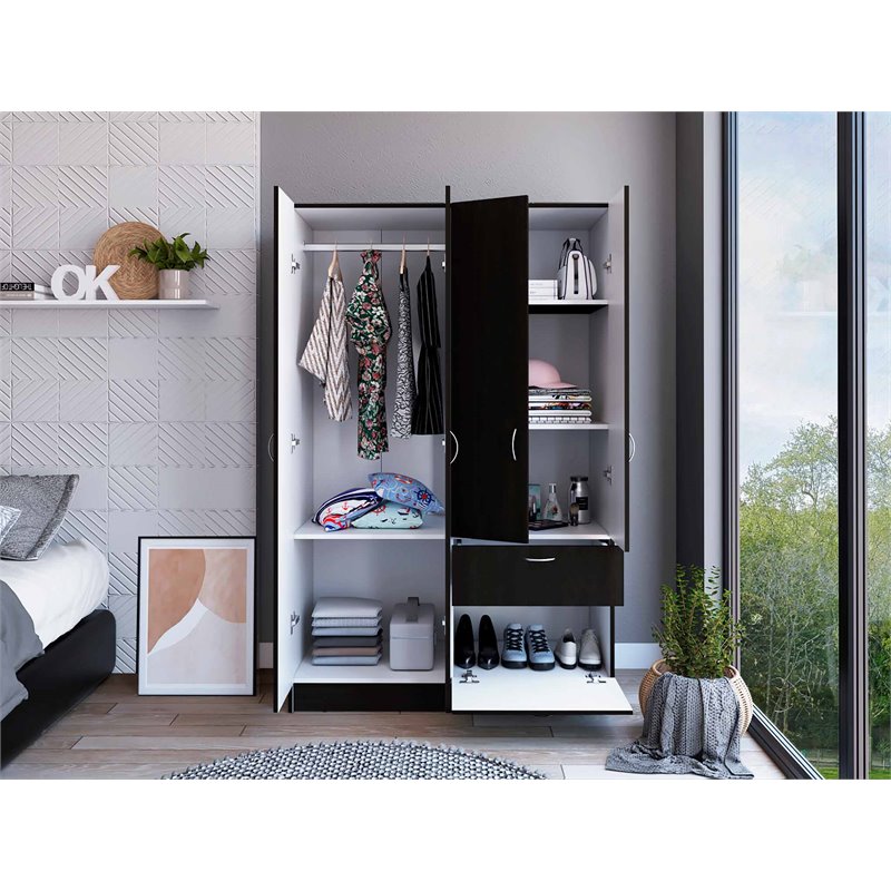 Pemberly Row Modern Wood Bedroom Armoire in White and Black Wenge