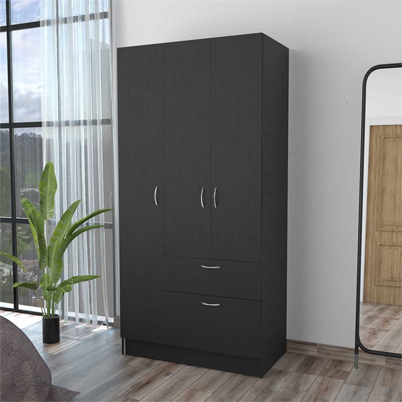 Pemberly Row Modern Wood Armoire with 2 Cabinets in Black & White Finish