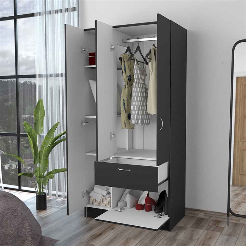Pemberly Row Modern Wood Armoire with 2 Cabinets in Black & White Finish