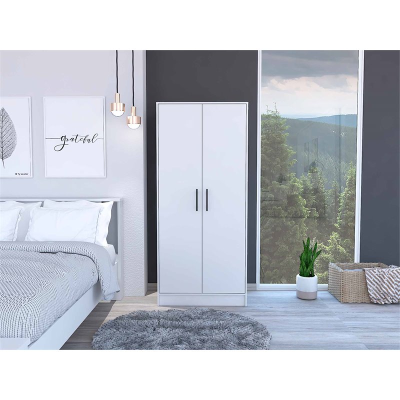 Pemberly Row Two-Door Wood Armoire with Wardrobe & Drawer in White