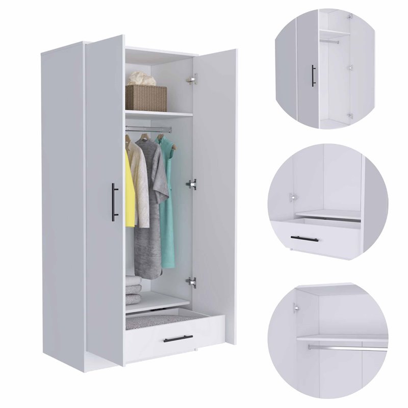 Pemberly Row Two-Door Wood Armoire with Wardrobe & Drawer in White