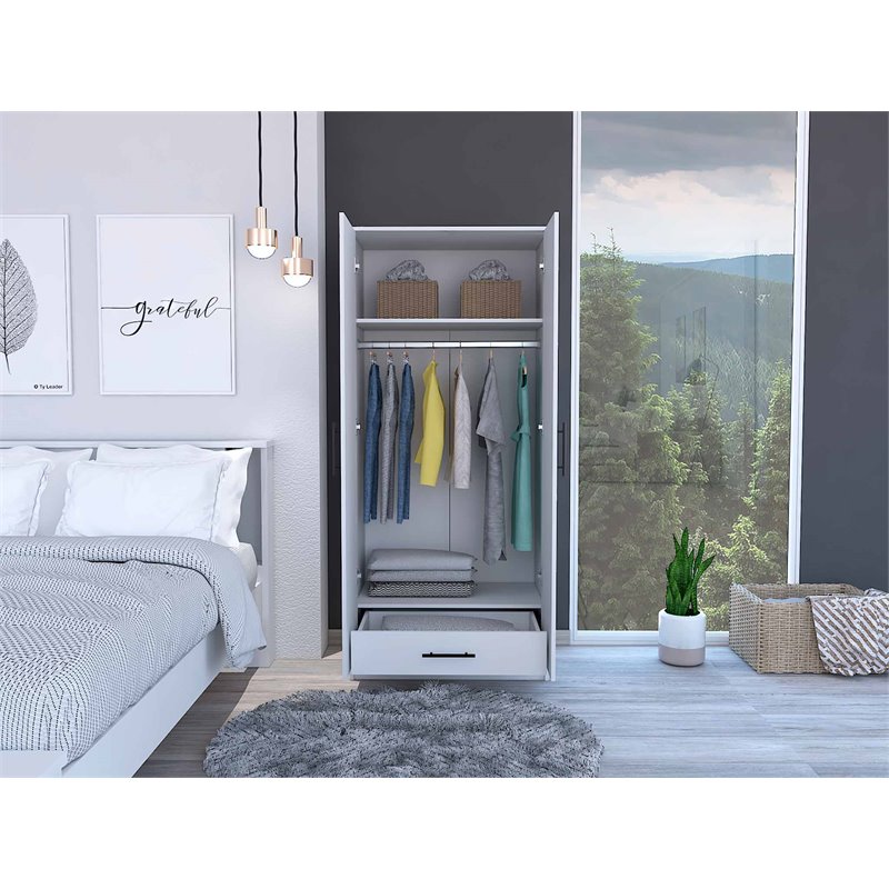 Pemberly Row Two-Door Wood Armoire with Wardrobe & Drawer in White