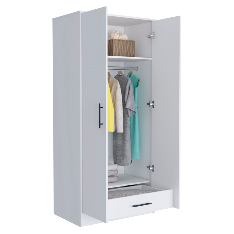 Pemberly Row Two-Door Wood Armoire with Wardrobe & Drawer in White