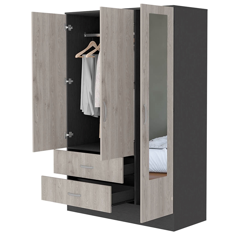 Pemberly Row Mirrored Wood Armoire in Black Wenge and Light Oak