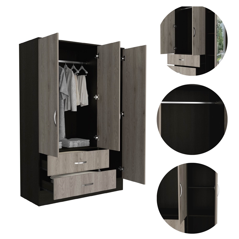Pemberly Row Mirrored Wood Armoire in Black Wenge and Light Oak