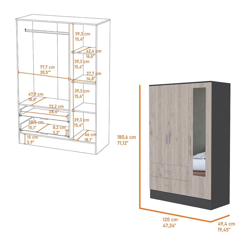 Pemberly Row Mirrored Wood Armoire in Black Wenge and Light Oak