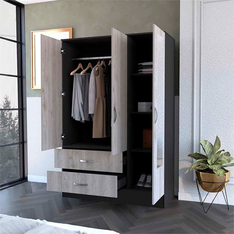 Pemberly Row Mirrored Wood Armoire in Black Wenge and Light Oak