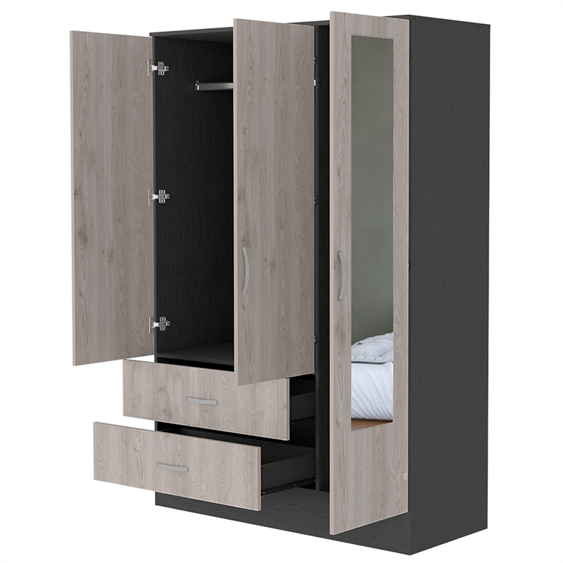 Pemberly Row Mirrored Wood Armoire in Black Wenge and Light Oak