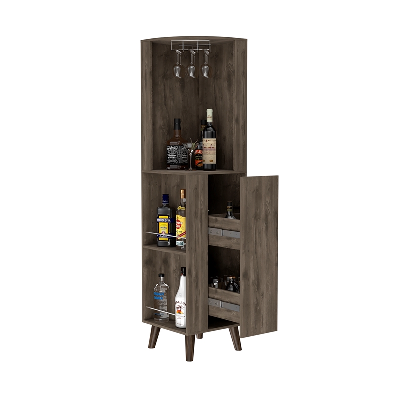 Pemberly Row Corner Bar Cabinet with Drawer Engineered Wood in Dark Brown