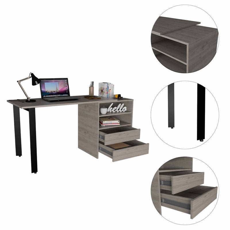 Pemberly Row Modern Wood Desk with 2 Drawers and 2 Shelves in Light Gray