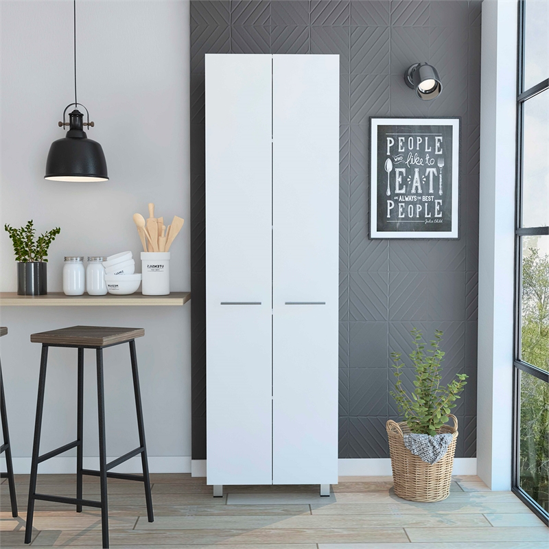 Pemberly Row 79 Inch Engineered Wood Double Door Pantry Cabinet in White