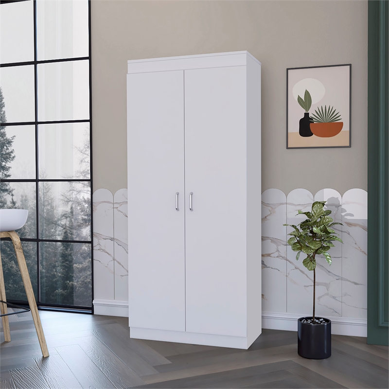 Pemberly Row 63 Inch Engineered Wood Double Door Pantry Cabinet in White