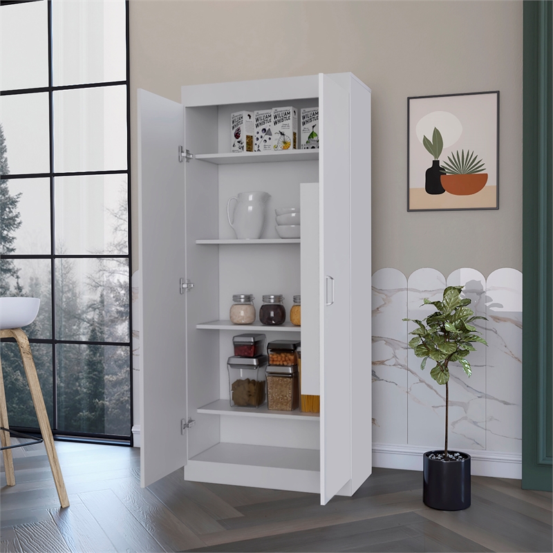 Pemberly Row 63 Inch Engineered Wood Double Door Pantry Cabinet in White
