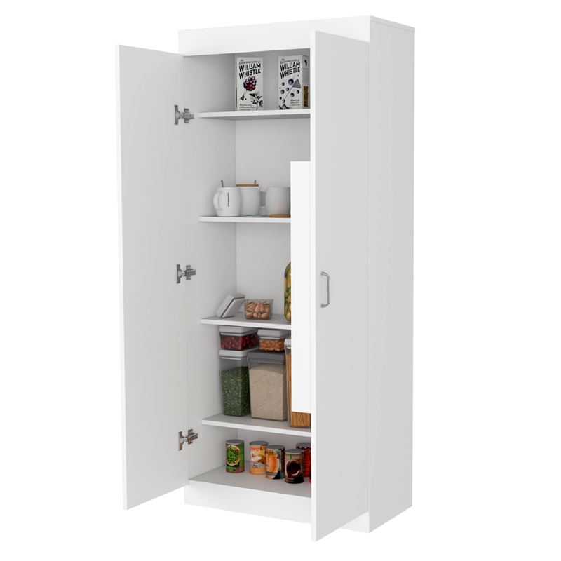 Pemberly Row 63 Inch Engineered Wood Double Door Pantry Cabinet in White