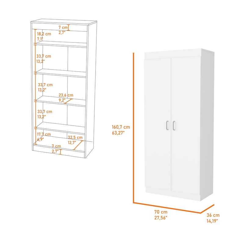 Pemberly Row 63 Inch Engineered Wood Double Door Pantry Cabinet in White