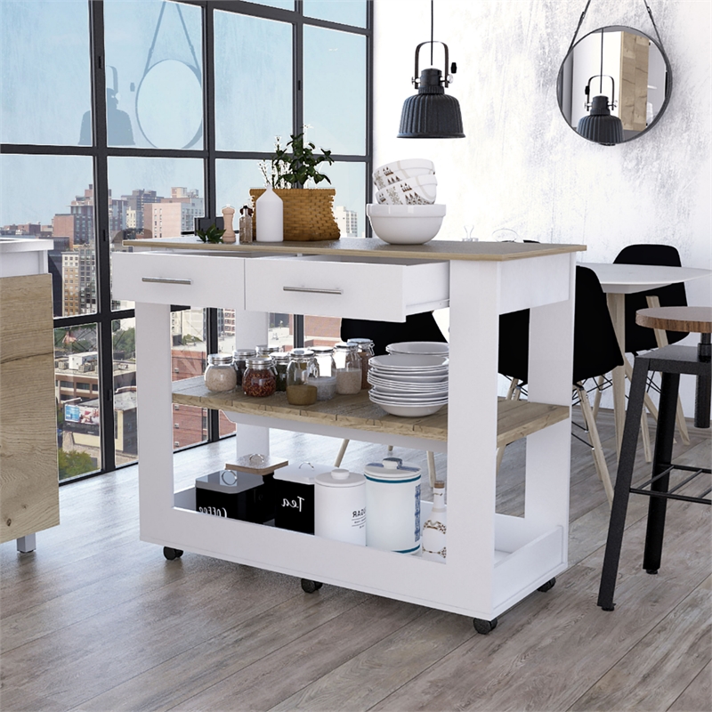 Pemberly Row Kitchen Island with 2 Drawers and 6 Wheels in White