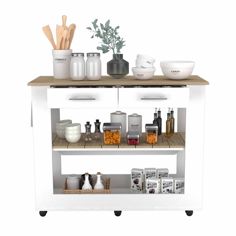 Pemberly Row Kitchen Island with 2 Drawers and 6 Wheels in White